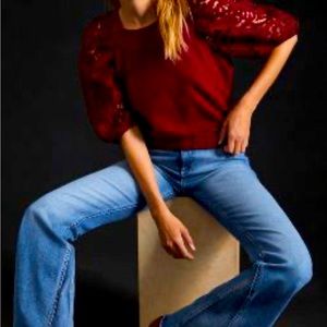 NWT Anthro Dolan Red Burgundy Wine Lace-Sleeve Sweatshirt Cotton Top Size XS